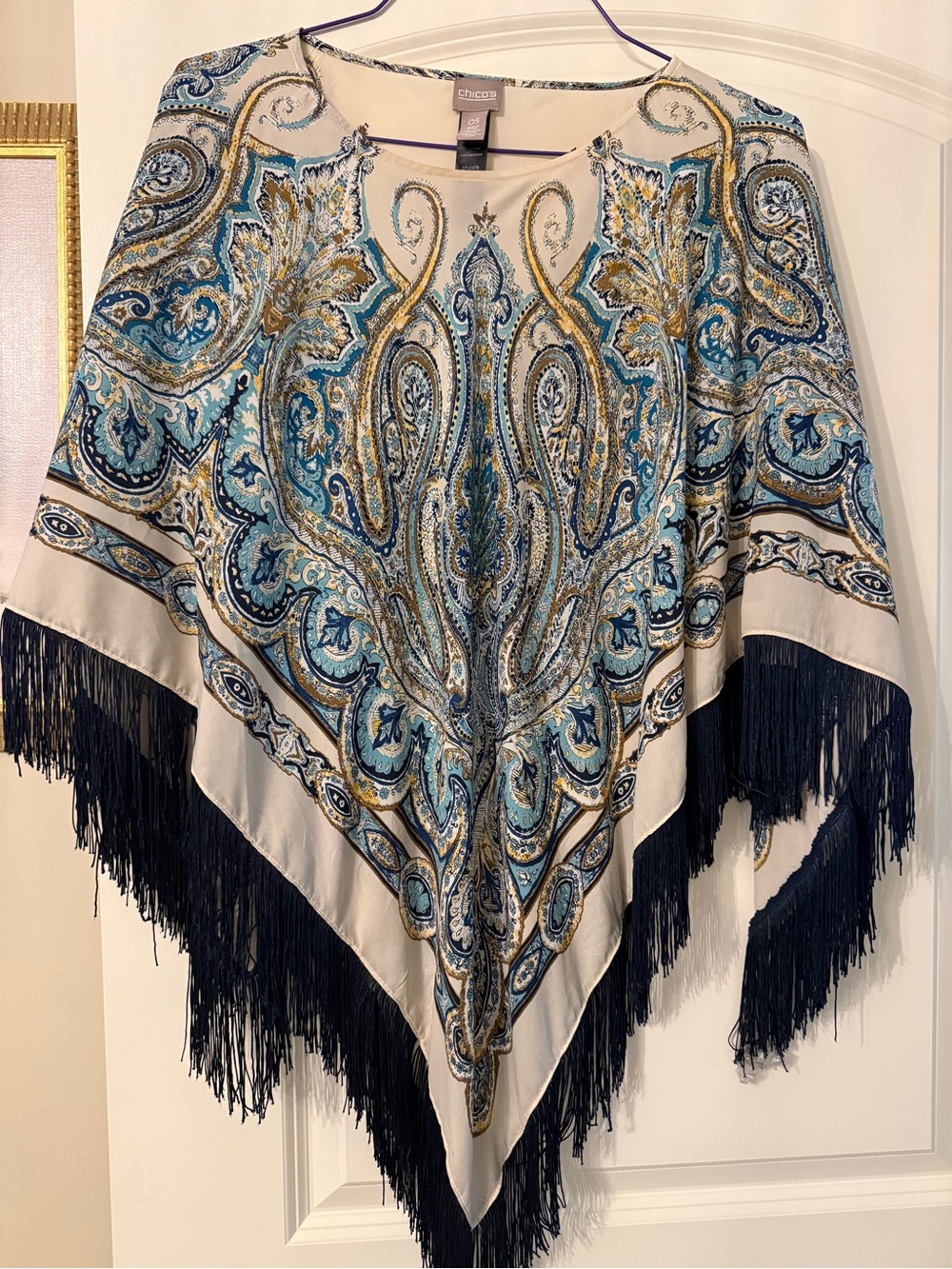 Chico's Cream Paisley Embroidered Tunic with Teal & Navy Accents